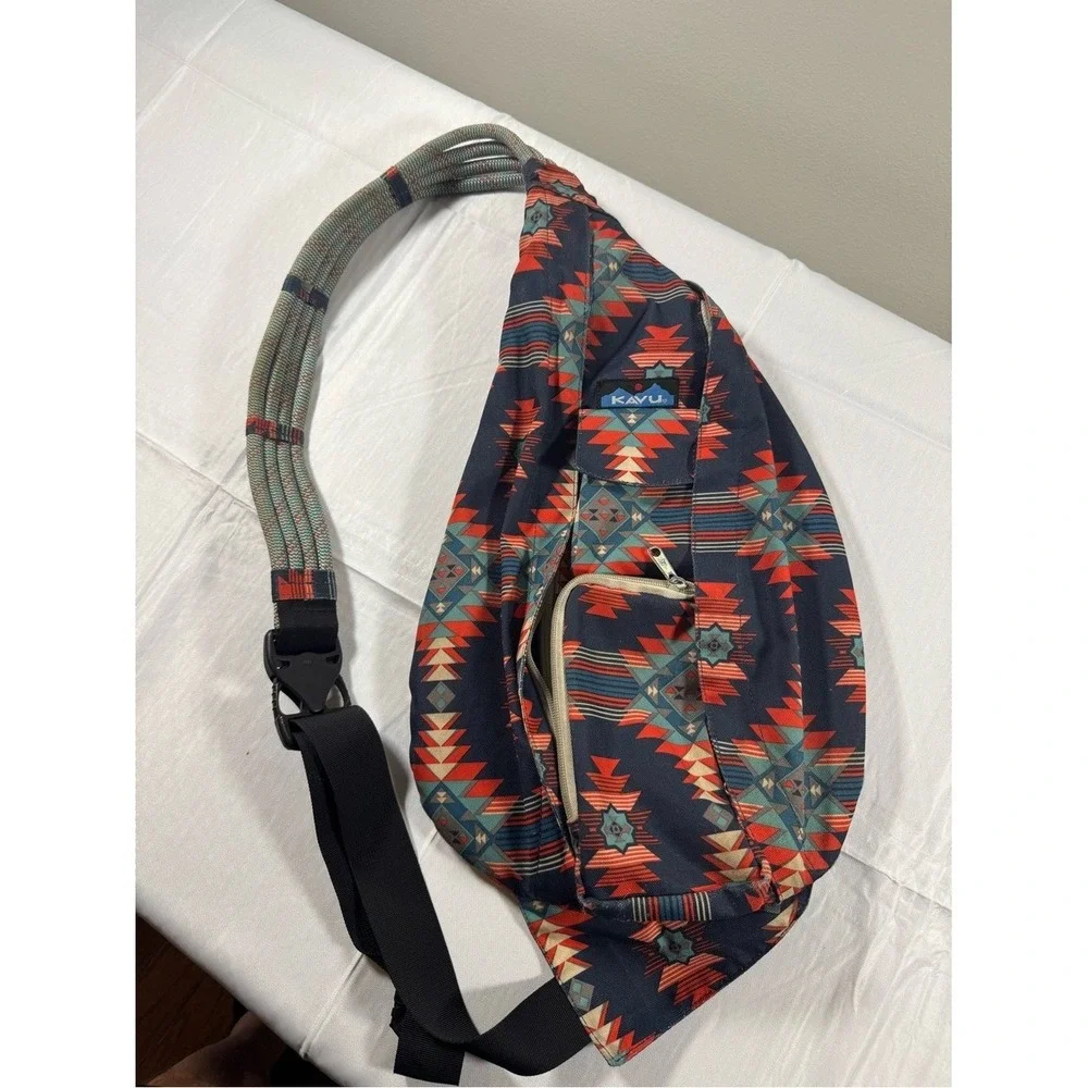 KAVU Rope Bag Sling Backpack Southwestern Geometric Print Navy Orange Canvas